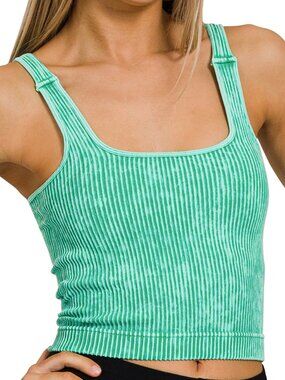 Washed Seamless Square Neck Bra Padded Tank Top in Kelly Green